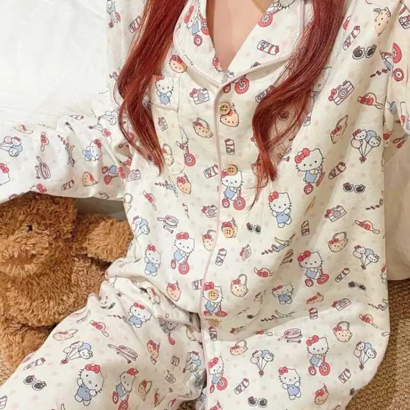 Pigiama da Donna Anime Hello Kitty, Completo Kawaii Kuromi Cinnamoroll, Abbigliamento da Casa Autunnale in Cotone, Camicia da Notte Cartoon con Top e Pantaloni