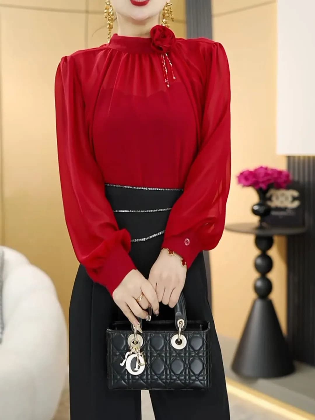 Camicia da donna stile francese con maniche a lanterna larghe, nuova moda primavera autunno, con collo a sciarpa e cinturino posteriore, top elegante