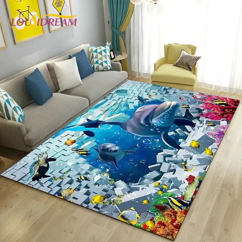 3D Carpet illusion world underwater marine background dolphin shark, living room carpet sofa zerbino anti-slip mat