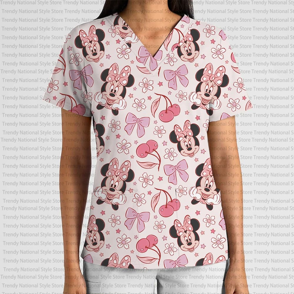 Nuovo Natale Disney Mickey Tasca da donna Pet Shop Beauty T-shirt con scollo a V Stampa Scrub Top Regalo di compleanno Abbigliamento da donna