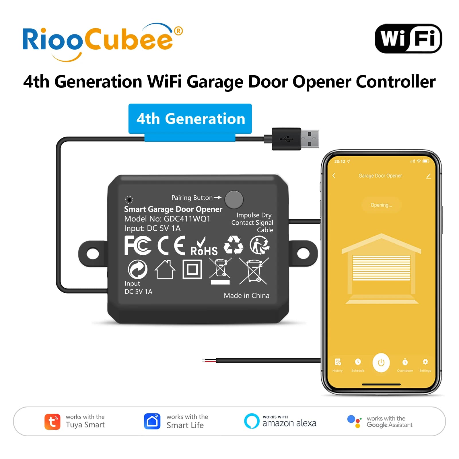 RiooCubee 4th Generation Garage Door Opener Control with Wireless Sensor Tuya Smart Life App Remote Control Google Home Alexa