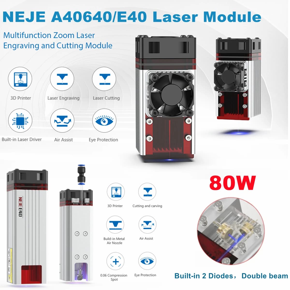 NEJE A40640/E40 CNC Laser Module 80 W 450 nm TTL Compressed point for wood cutter Engraving Tool for DIY Metal Marking with 2 diodes