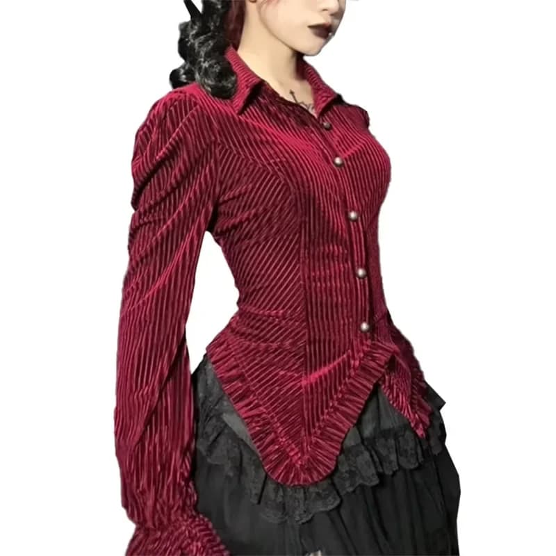 2025 New Vintage Velluto a coste rosso Camicie a maniche lunghe Camicette Y2K Bottone Camicia sottile Top Donna Casual Abiti autunnali Streetwear Party