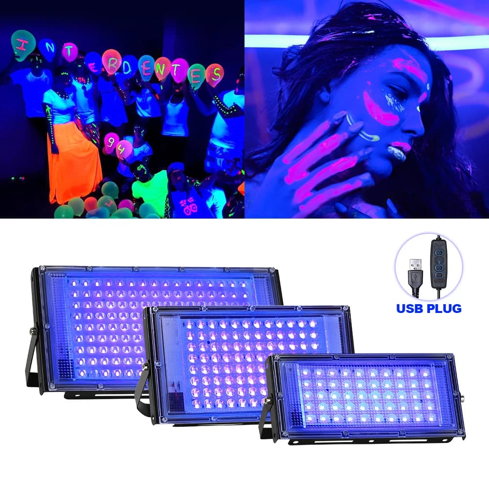 Lampada UV a LED Luce di inondazione 395nm 400nm USB 5V Lampada da palco ultravioletta 50W 100W 200W LED Stage Blacklight Impermeabile Disco Party