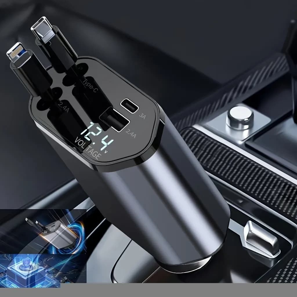 66W Retractable Car Charger Fast Charging 4-in-1 USB C & USB A, PD&QC Car Phone Charger For iPhone 6-17, Pad, Android Devices