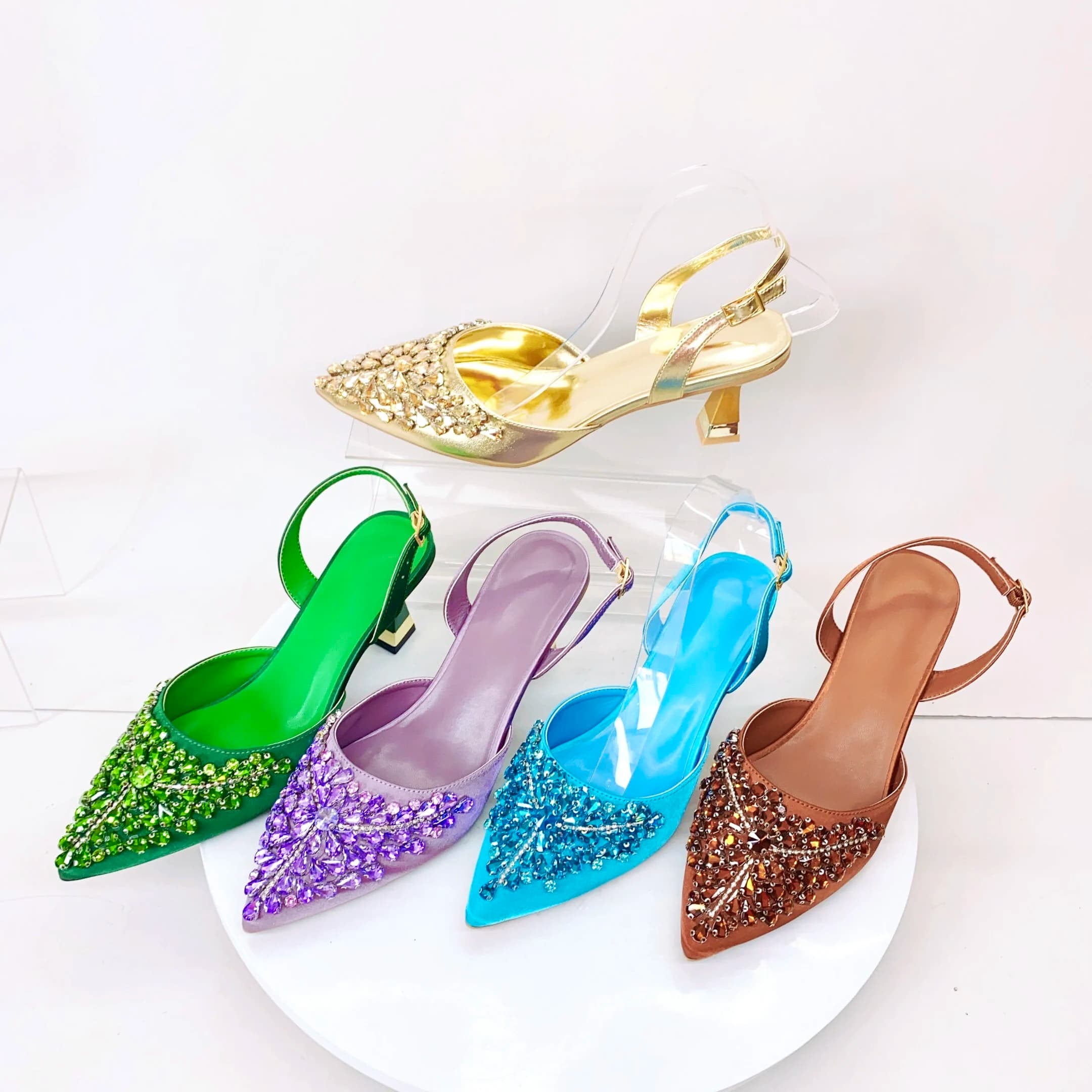 LNATISNOVA Nuovo design alla moda, sandali con tacco alto e strass, pochette da sera lilla con set di scarpe e borsa per matrimonio