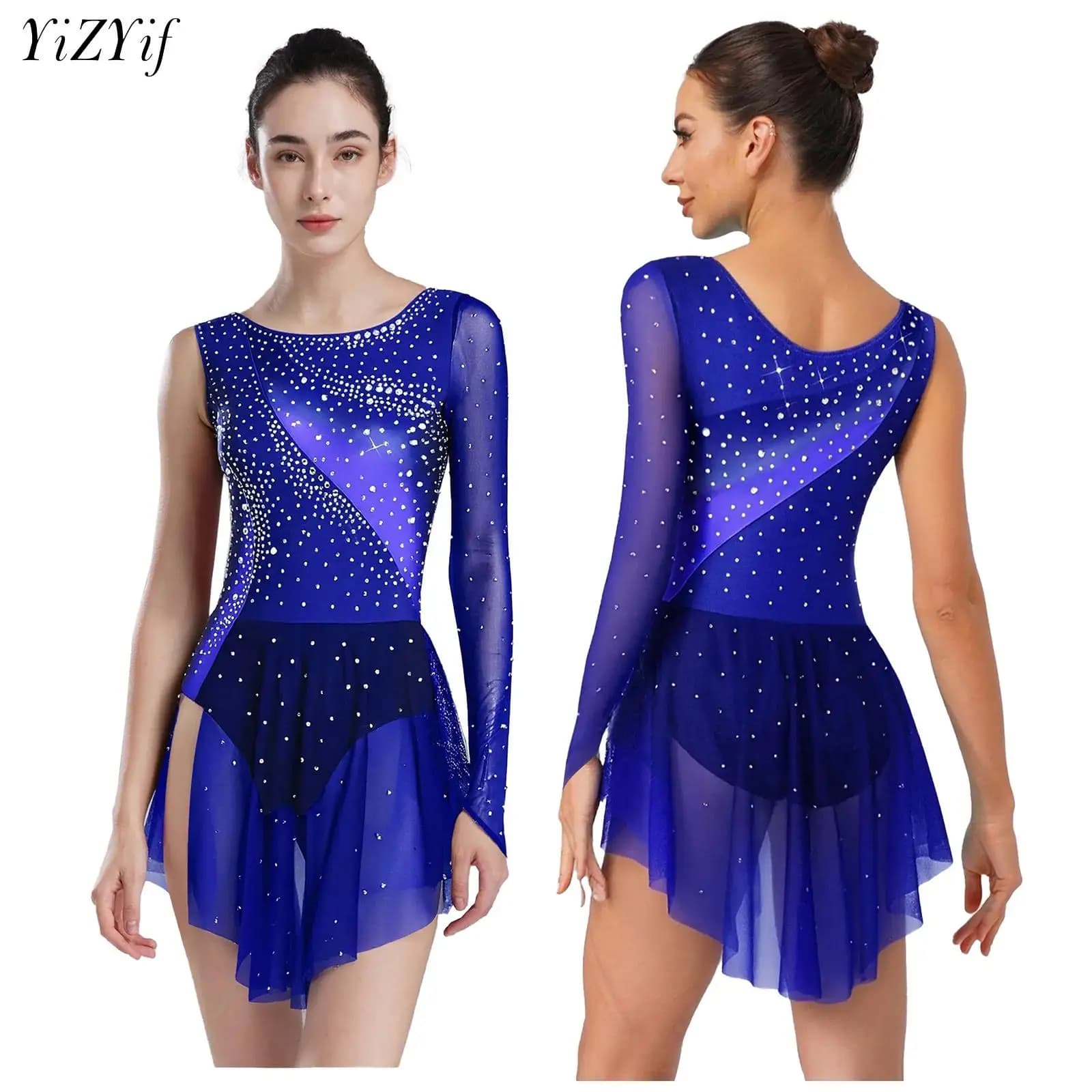 Abito da ballo per pattinaggio su ghiaccio da donna, monospalla, strass lucidi, body da balletto in rete, costume da ginnastica ritmica