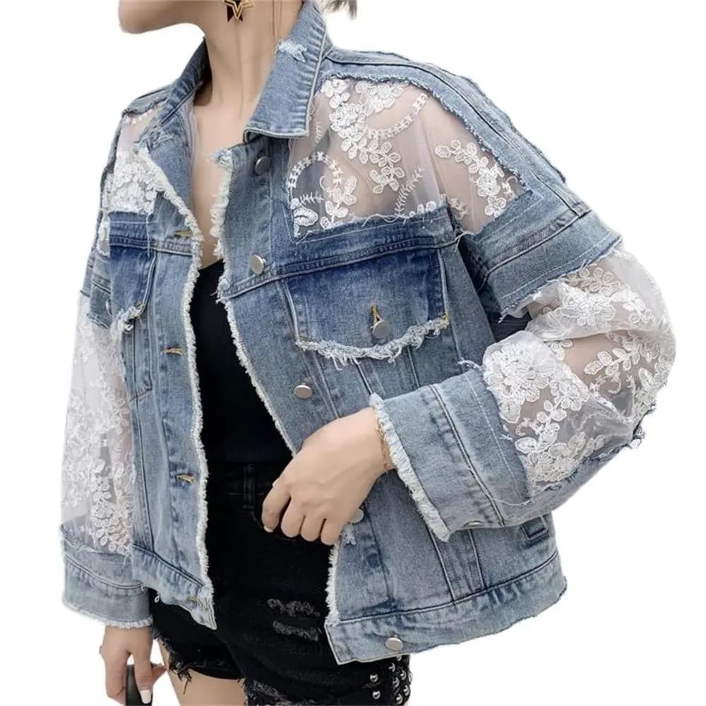 Giacca di Jeans donna Casual manica lunga cappotto Patchwork di pizzo Jeans top donna Sexy prospettiva ricamo fiore capispalla primavera