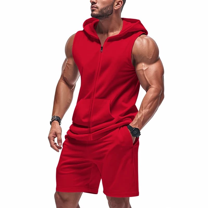 Completo da Uomo con Felpa Senza Maniche e Pantaloni, Set Due Pezzi | Set da Allenamento Fitness con Felpa con Zip e Pantaloncini Larghi con Coulisse (Disponibile in Diversi Colori)