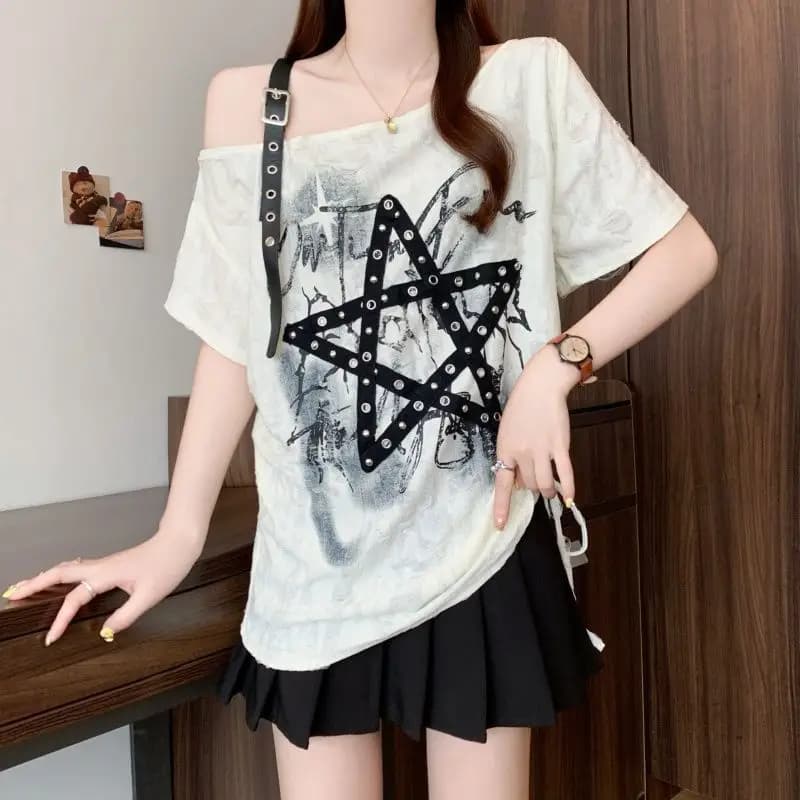 Y2K Spicy Girl Hole Punch Shoulder Drawstring Short Sleeve T-Shirt Women Summer Subculture Loose Slimming Meat Covering Top
