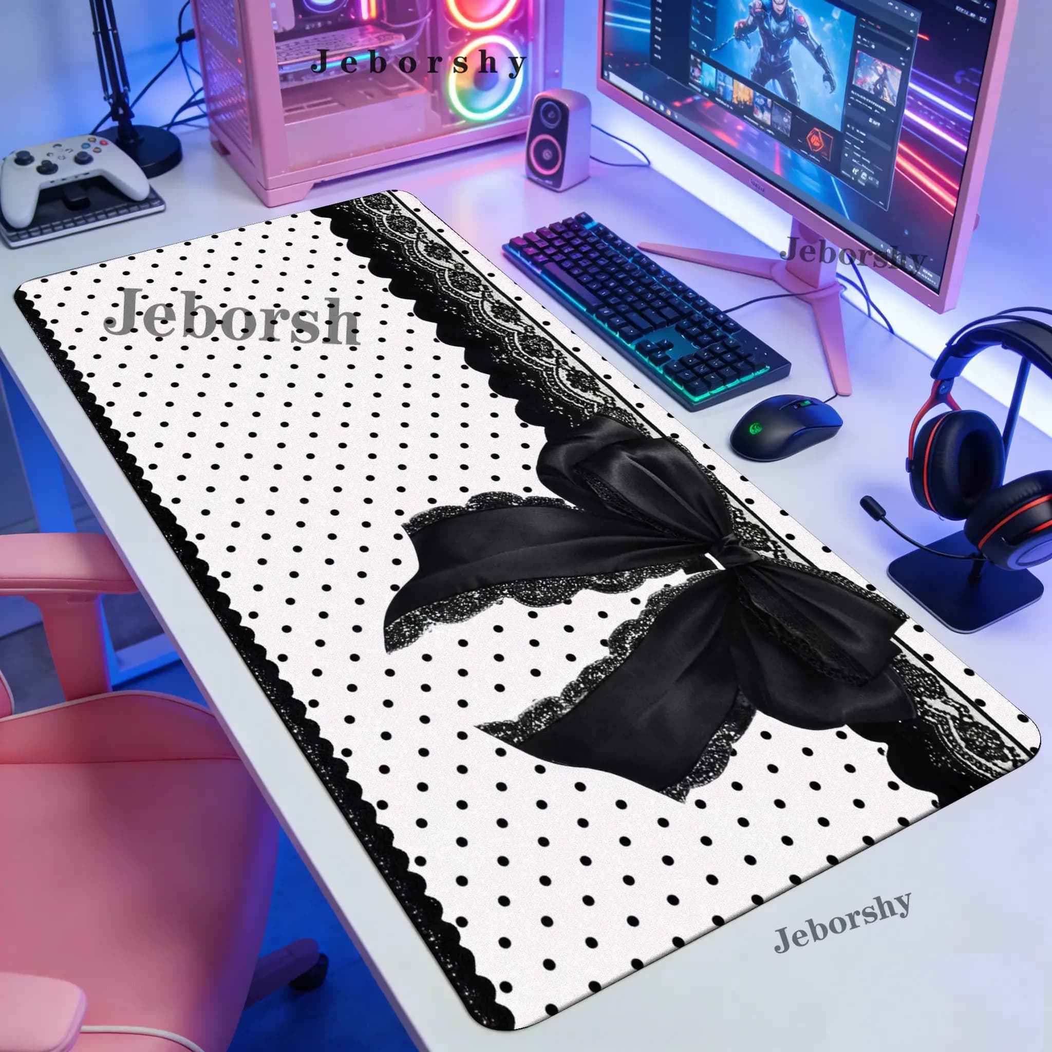 Pink Black Polka Dot Lace Large Gaming Mouse Pad XXL Extended Desk Mat Cute Trim Decor for Office