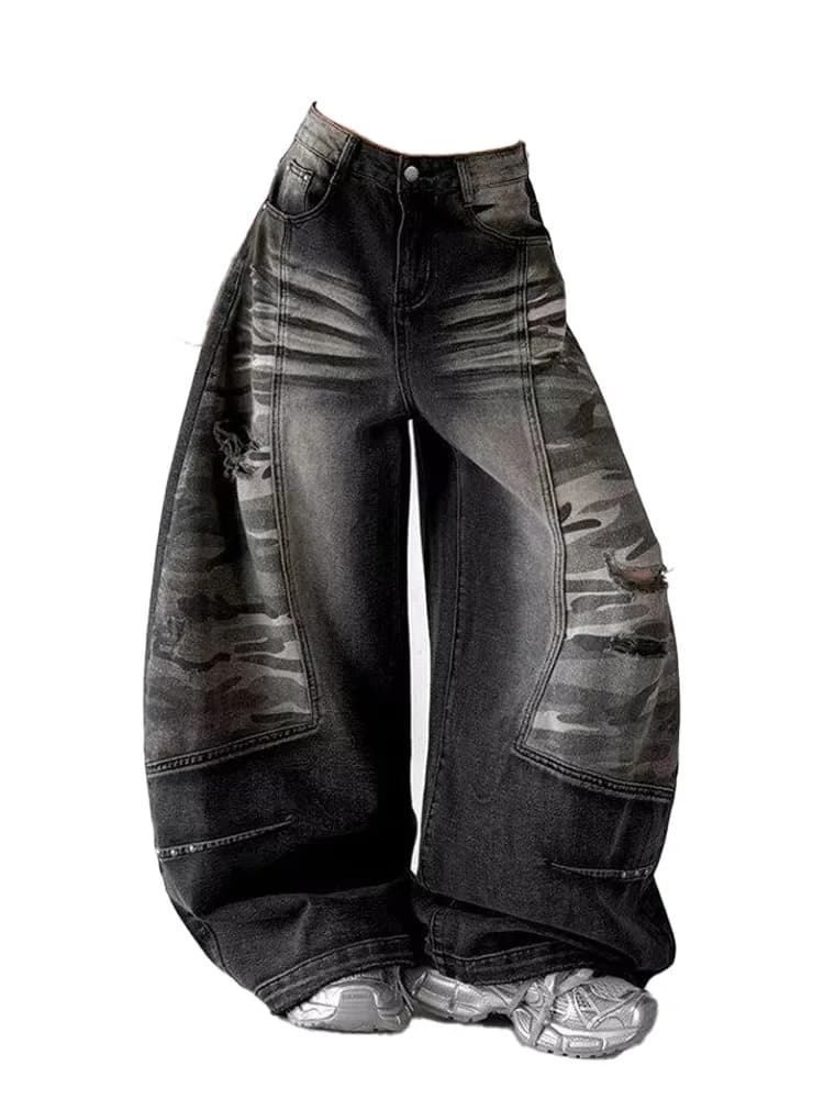 Jeans Gotici Neri da Donna con Inserti in Denim, Stile Y2K Harajuku High Street Anni 2000, Taglie Forti, Gamba Larga, Pantaloni Lunghi Streetwear 2026