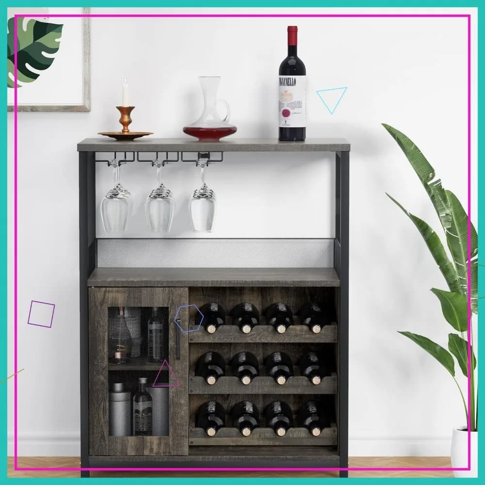 Credenza da fattoria con portabottiglie staccabile, portabicchiere e porta in rete - Armadietto portaoggetti in legno scuro