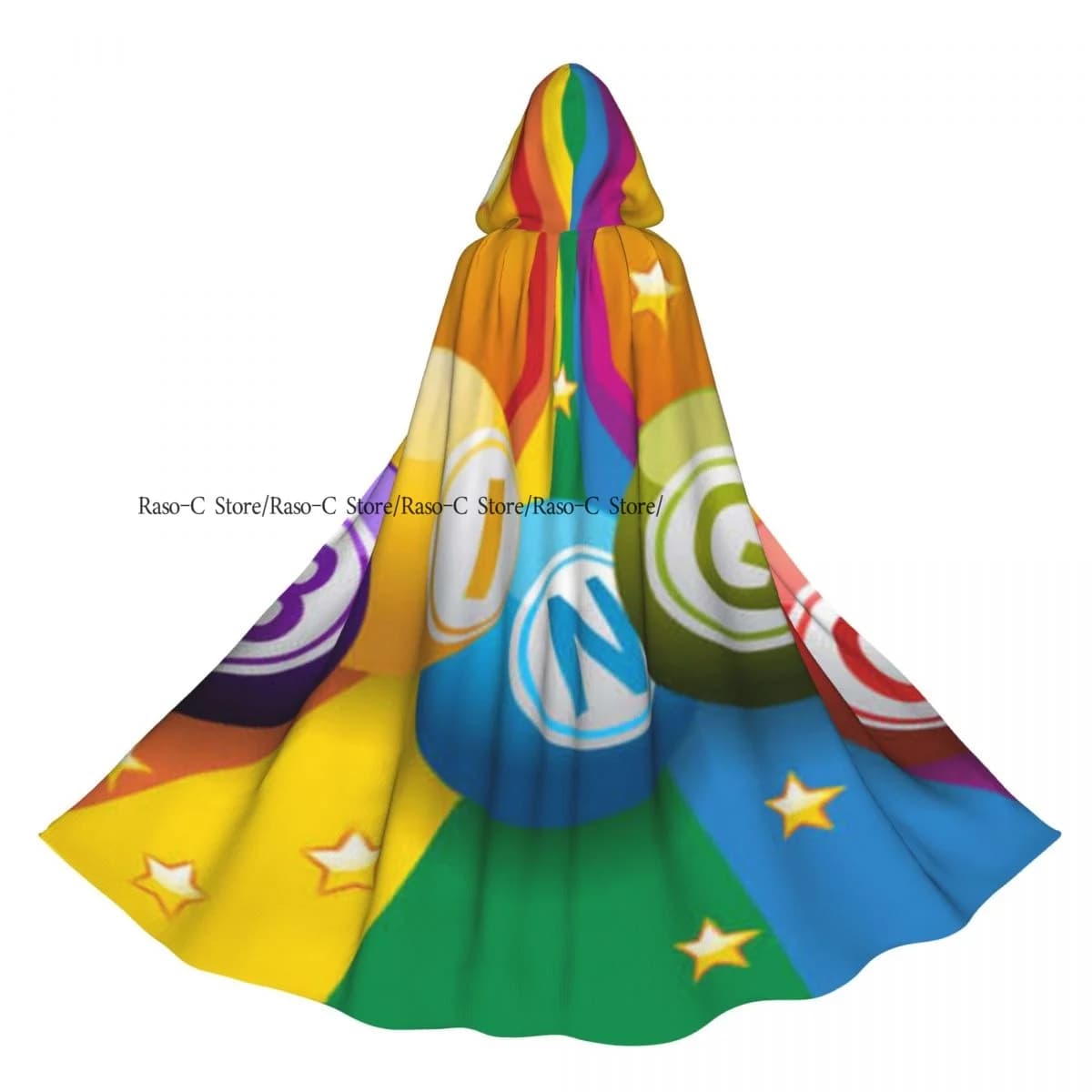 Palline da bingo unisex per adulti su sfondo arcobaleno mantello con cappuccio lungo costume da strega cosplay