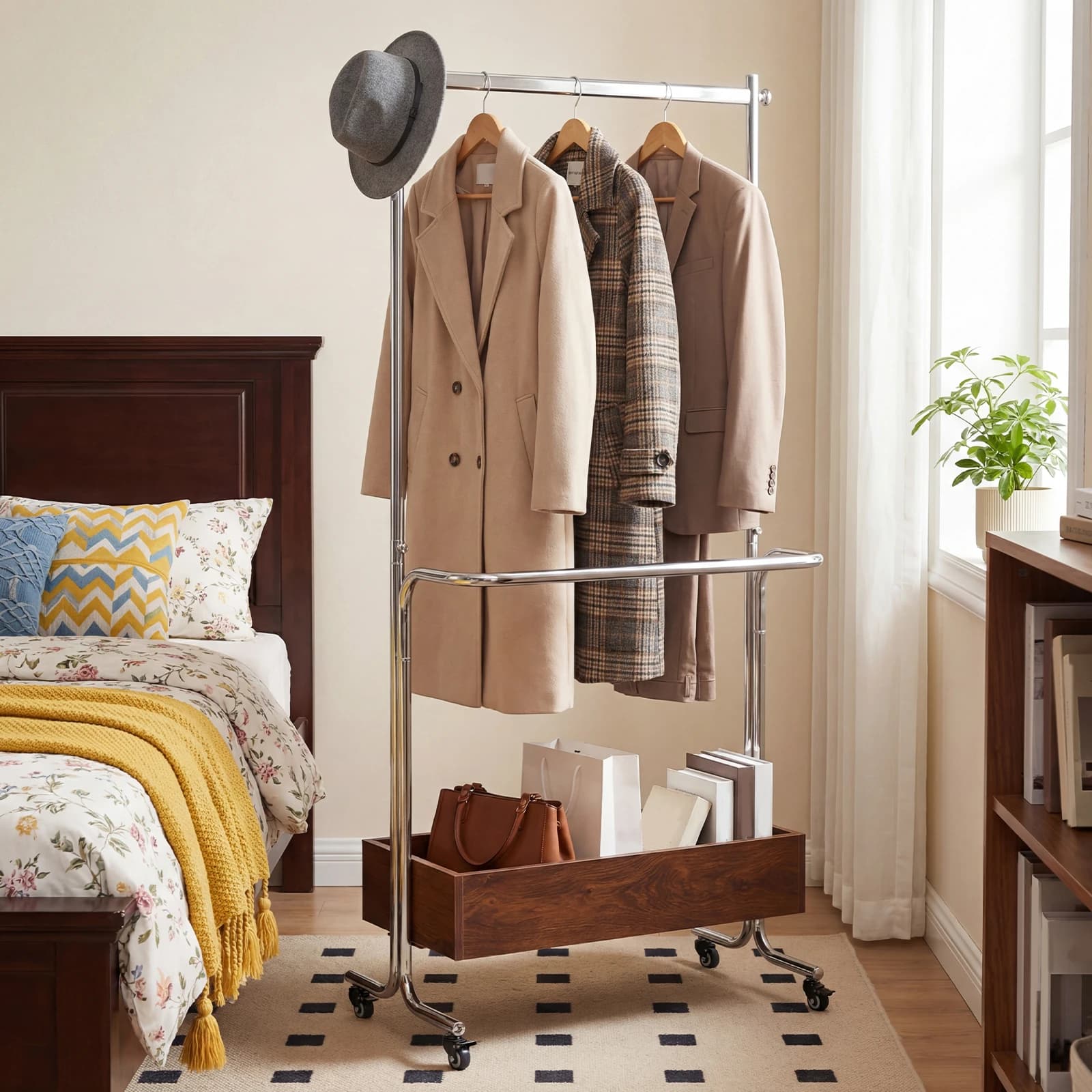 Small Clothes Hanger with Wooden Storage Box, Vertical Double-sided Stretcher for Hanging Clothes, Wallets, Hats