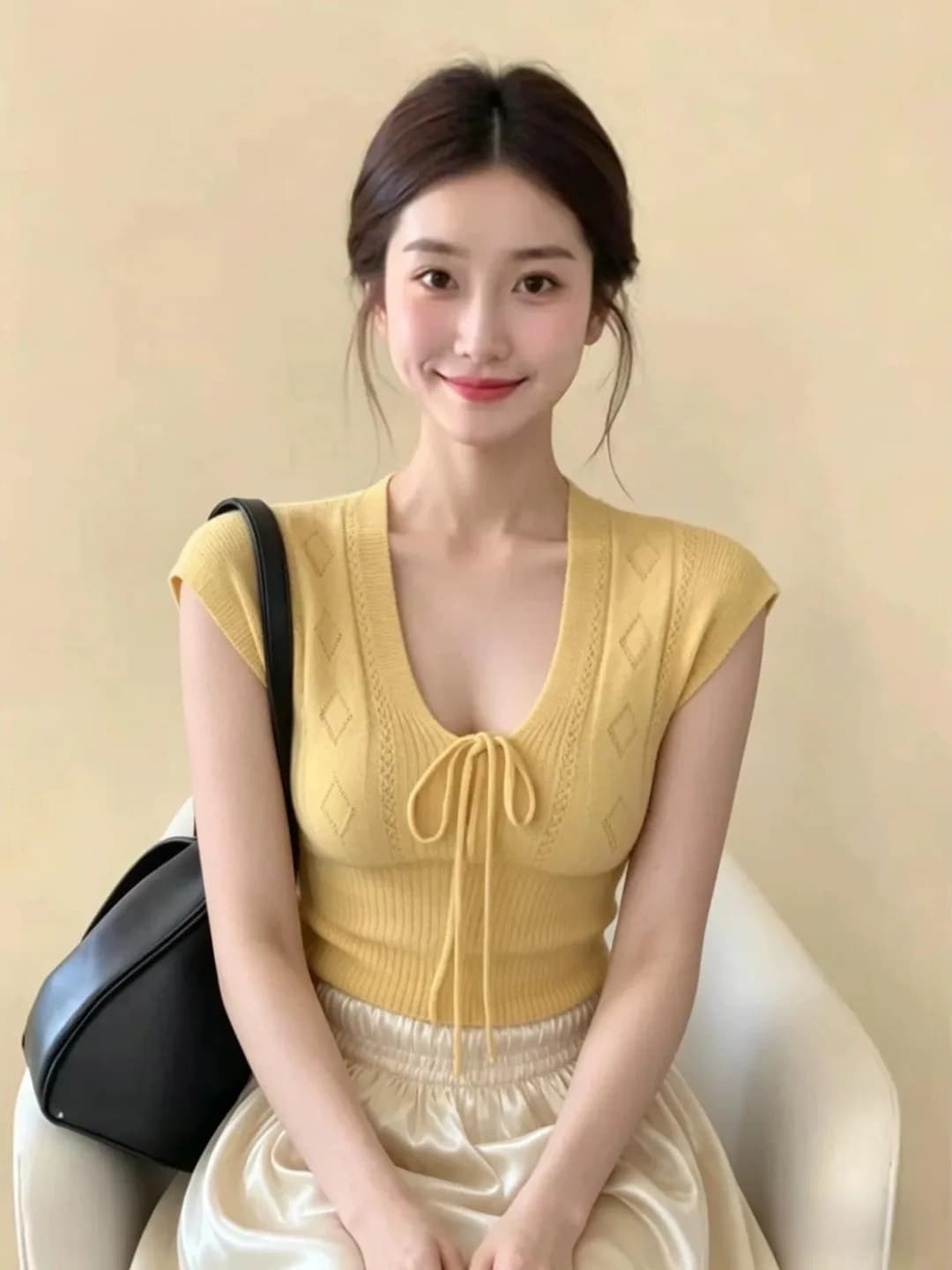 Women's Soft U-Neck Belted Short Sleeve Knitwear Slim Fit Waist Cinched Summer New Style Korean Style Breathable Casual Top