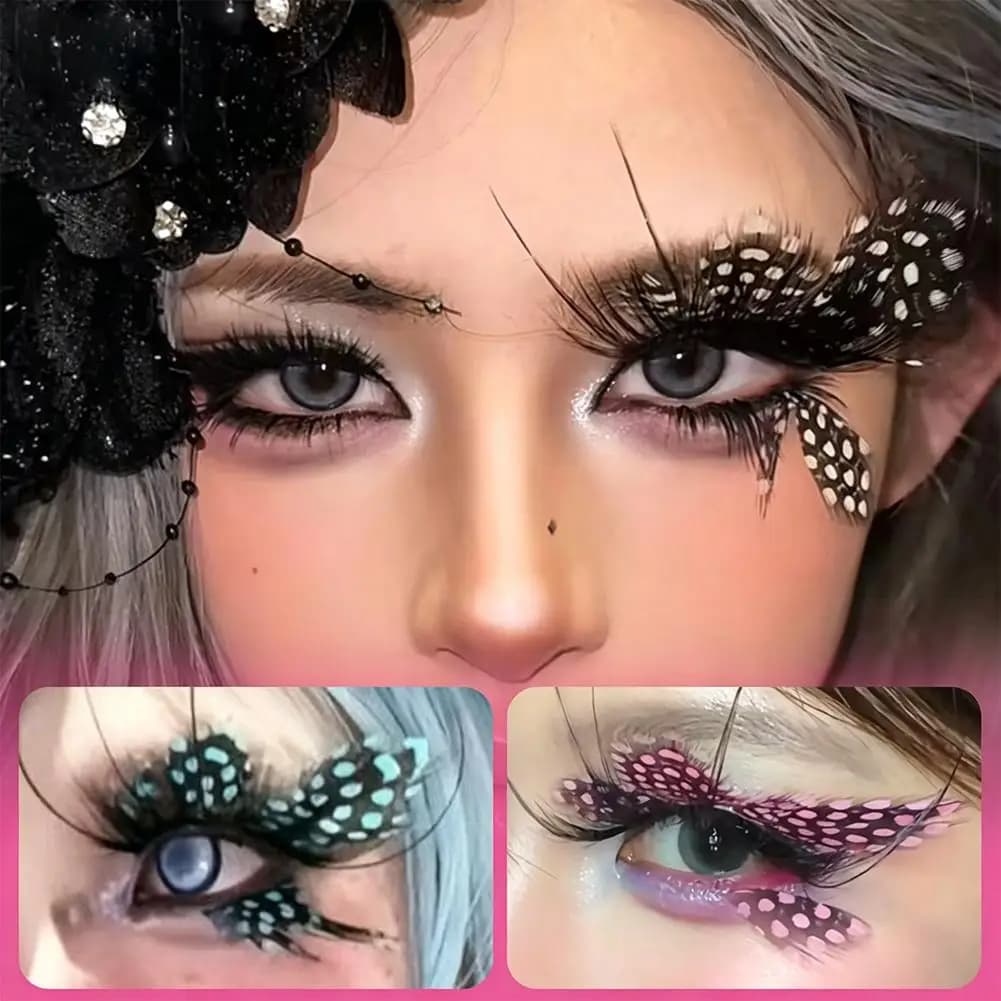 Ciglia Finte per Cosplay, Decorazione per Trucco Occhi con Piume a Pois, Effetto Farfalla Svolazzante, Trucco Festivo con Motivo a Puntini