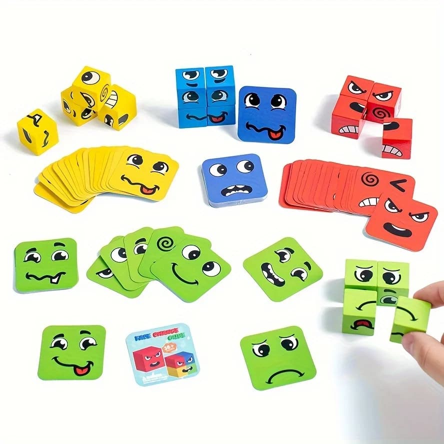 Gioco Cube Face Change – Giocattolo puzzle in legno per 4 giocatori, divertimento interattivo per tutta la famiglia, giocattolo educativo per l'apprendimento precoce delle emozioni