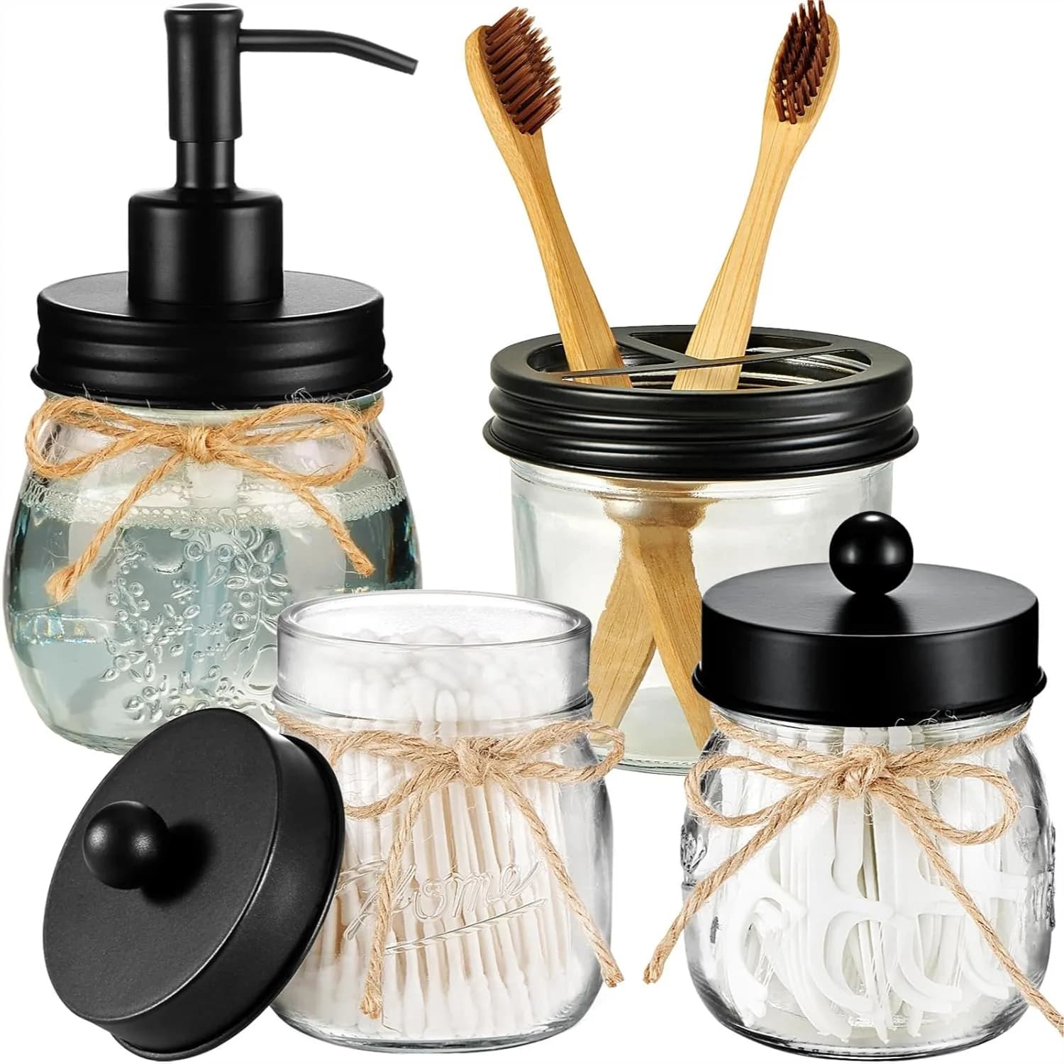 Set di Accessori per Bagno in Stile Mason Jar 4 Pezzi - Dispenser per Sapone Liquido, Porta Cotone Idrofilo, Porta Spazzolini - Arredamento Rustico Stile Fattoria