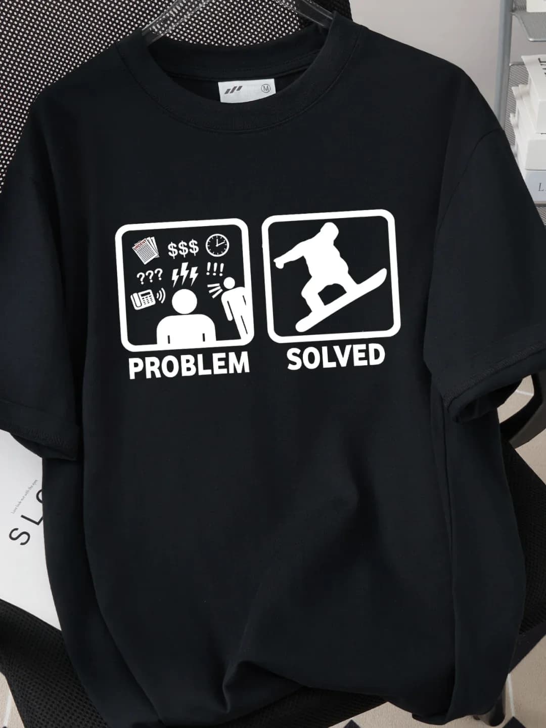 Snowboard Solves All Problems Creative Print Cotton T-Shirt Short Sleeve Unisex Casual Culture Shirt Breathable Summer Top