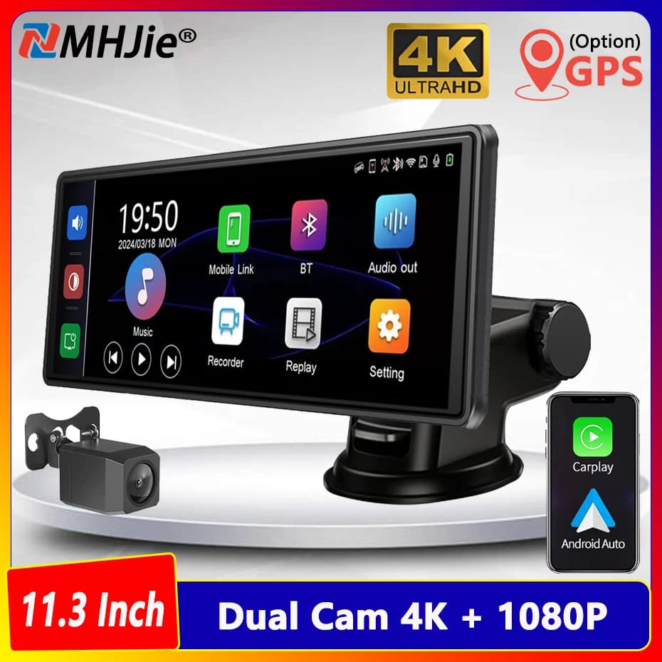 11.3 inch Dash Cam 4K 2160P Camera for Reverse Carplay and Android Auto DVR GPS Navigation Voice Control Car DVR BT FM Cam Dashboard