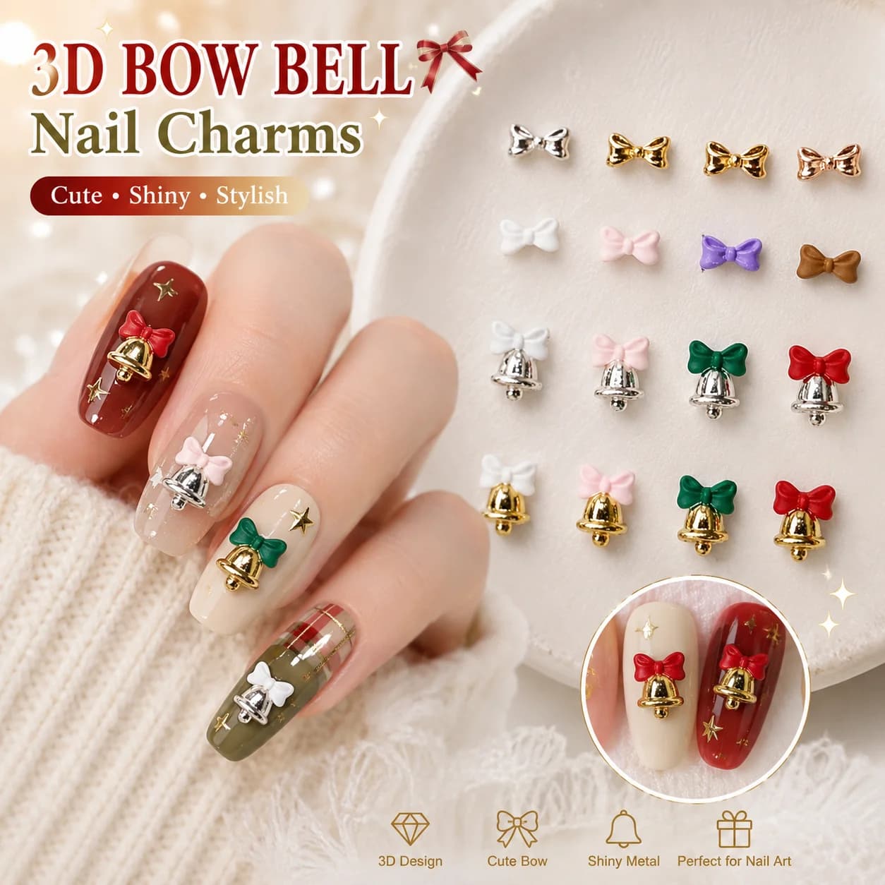 10pcs 3D Bow Bell Nail Charms Christmas Nail Art Decorations Cute Metal Bowknot Gold Silver DIY Manicure Jewelry Accessories