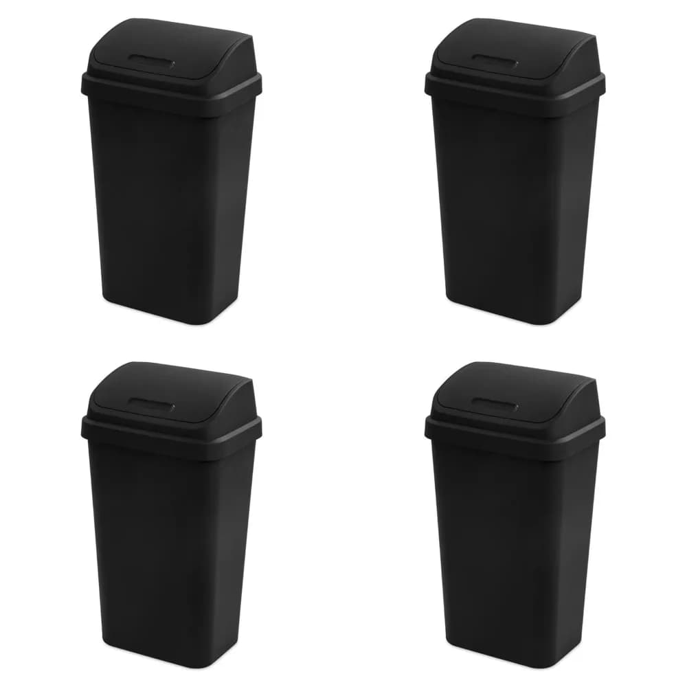 Sterilite Set di 4 Cestini per Rifiuti con Coperchio Basculante, Bidone Quadrato da 13 Galloni con Coperchio Oscillante, Contenitore Moderno Nero per Cucina e Bagno