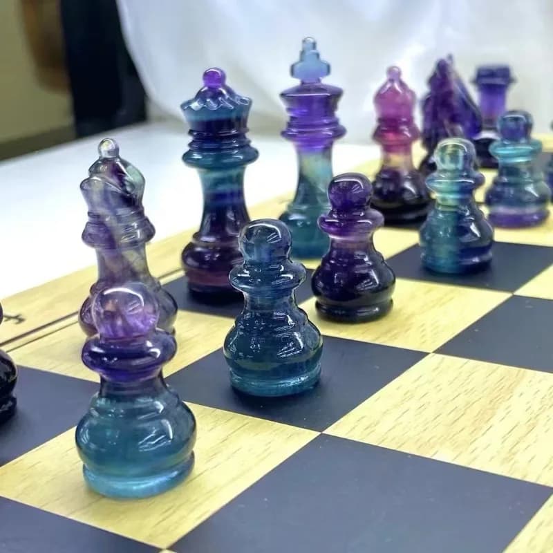 Premium Natural Rainbow Fluorite Chess Set, Foldable & Portable, Ideal for Tournament Play