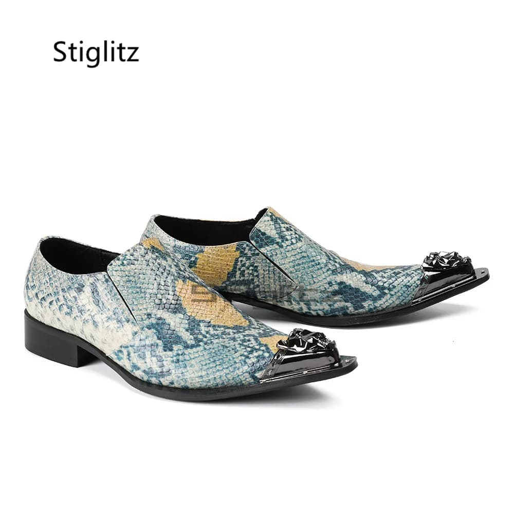 Men's Snake Print Slip On Loafers Metal Sculpted Pointed Toe Low Block Heel Genuine Leather Dress Shoes Party Wedding Shoes