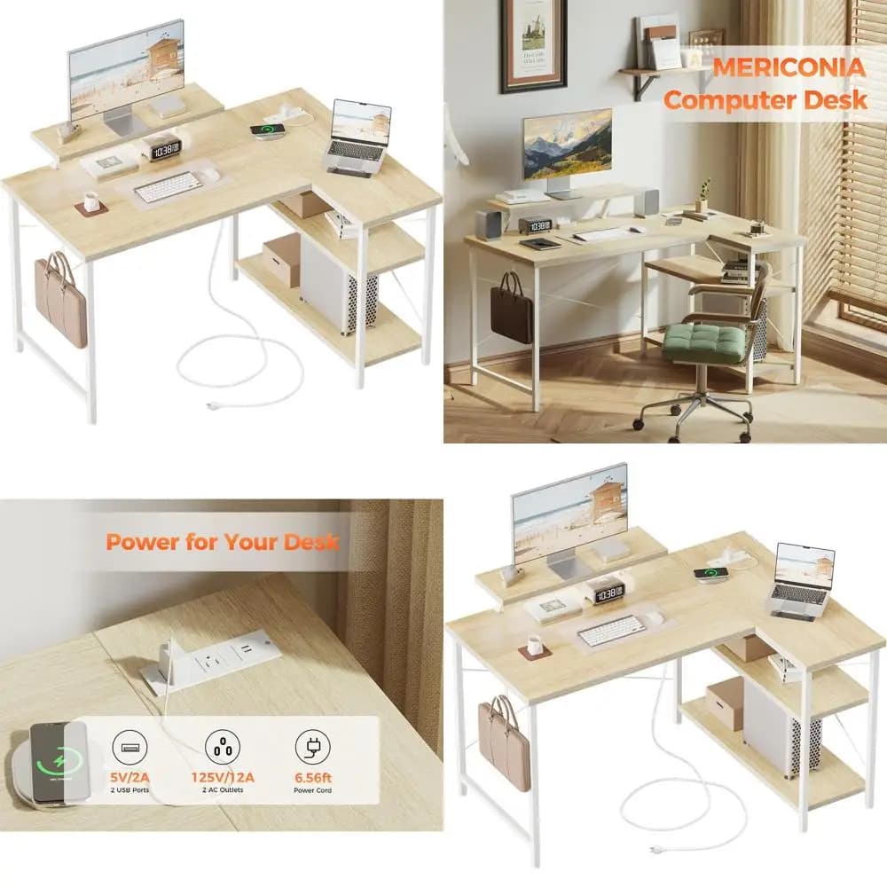 L Gaming desk with Current sockets, Reversible storage space and Monitor support, Ideal for Studio and Writing