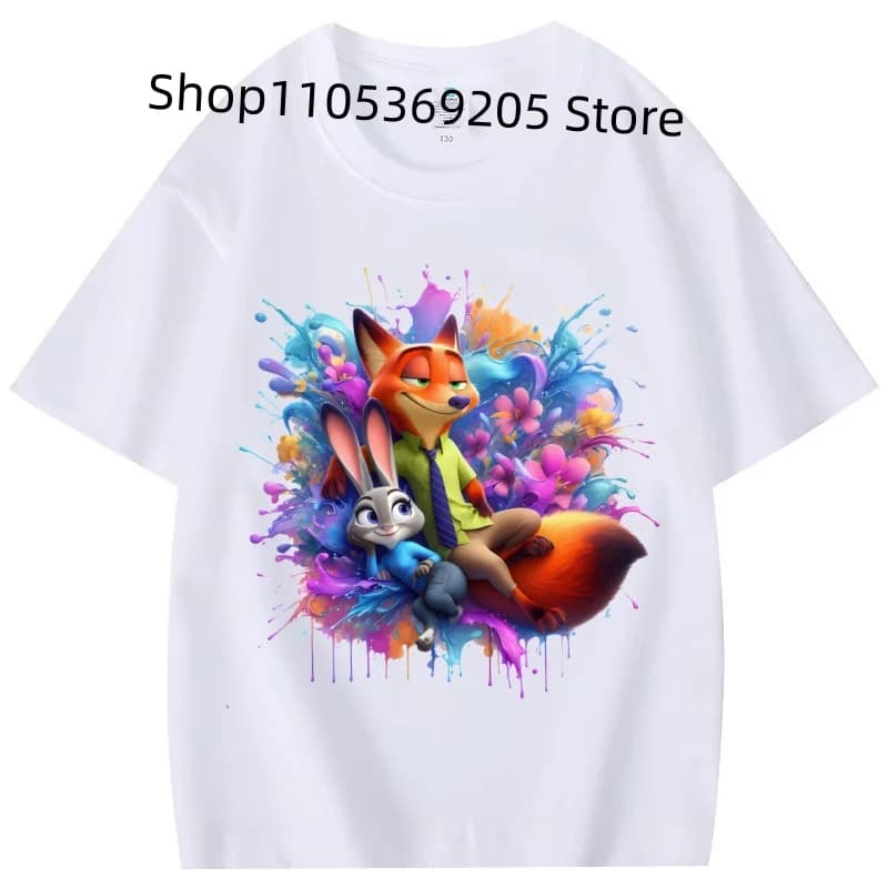 T-shirt con stampa ad acquerello Zootopia Judy & Nick, manica corta casual unisex per i fan, top con grafica simpatica volpe e coniglio per uomo e donna