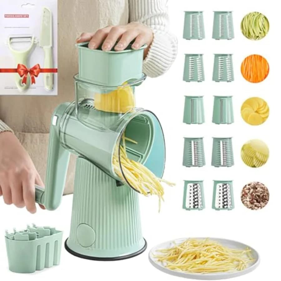 Grattugia rotante 5 in 1 per formaggio e verdure, affettatrice per carote, utensile da cucina - Tritatutto con 5 lame intercambiabili
