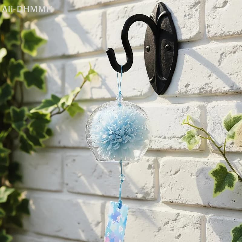 ZLinKJ Japanese Glass Wind Chime with Artificial Flower Handmade Durable Hanging Decor for Balcony Garden Window Home Decoration