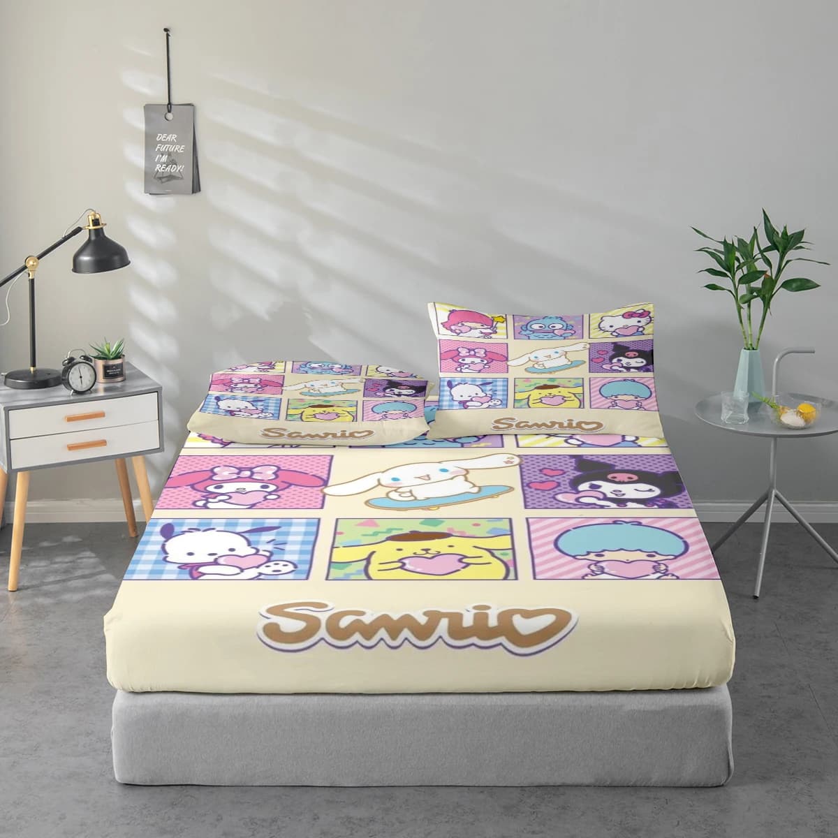 Set di lenzuola con stampa digitale ad alta definizione in 3 pezzi, set di lenzuola con stampa floreale grande con motivo Sanrio Cartoon, include 1 lenzuolo con angoli + 1/2 federa, adatto per camera da letto, camera degli ospiti, decorazioni per la casa, lenzuolo con angoli in fibra di poliestere + federa, biancheria da letto ultra morbida, tessuto spesso ultra morbido, confortevole per tutte le stagioni, lavabile in lavatrice