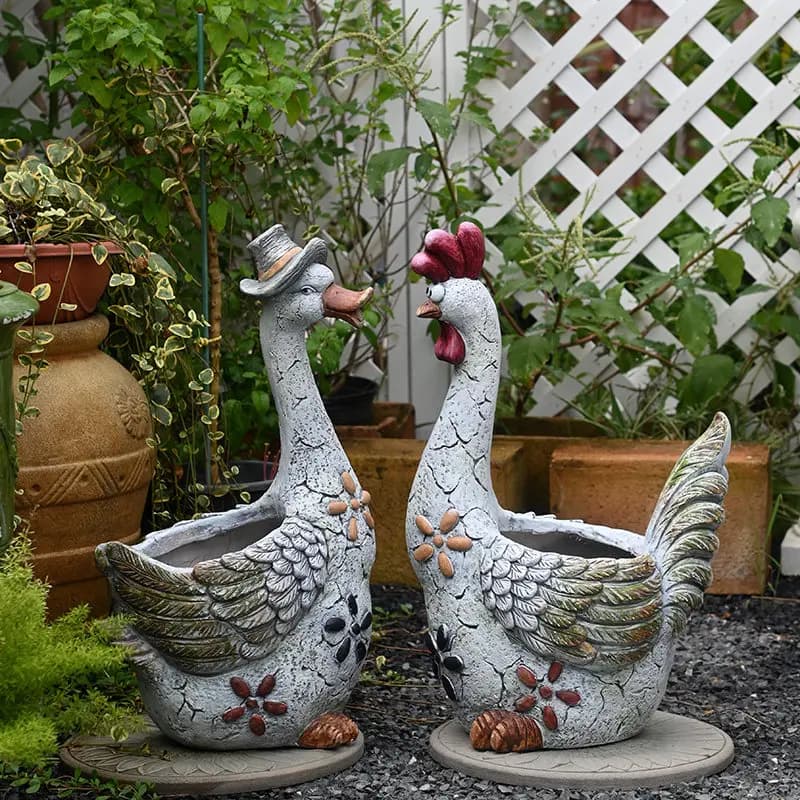Creative Art Flower Planter for Garden Old Animal Shaped Flower Pot Rustic Outdoor Container for Plants Unique Duck Ornaments