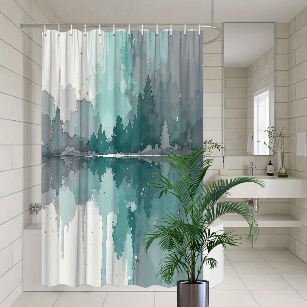 Watercolor Teal Pine Forest Lake Reflection White Background Print Shower Curtain Waterproof Mildew Resistant Polyester Fabric W