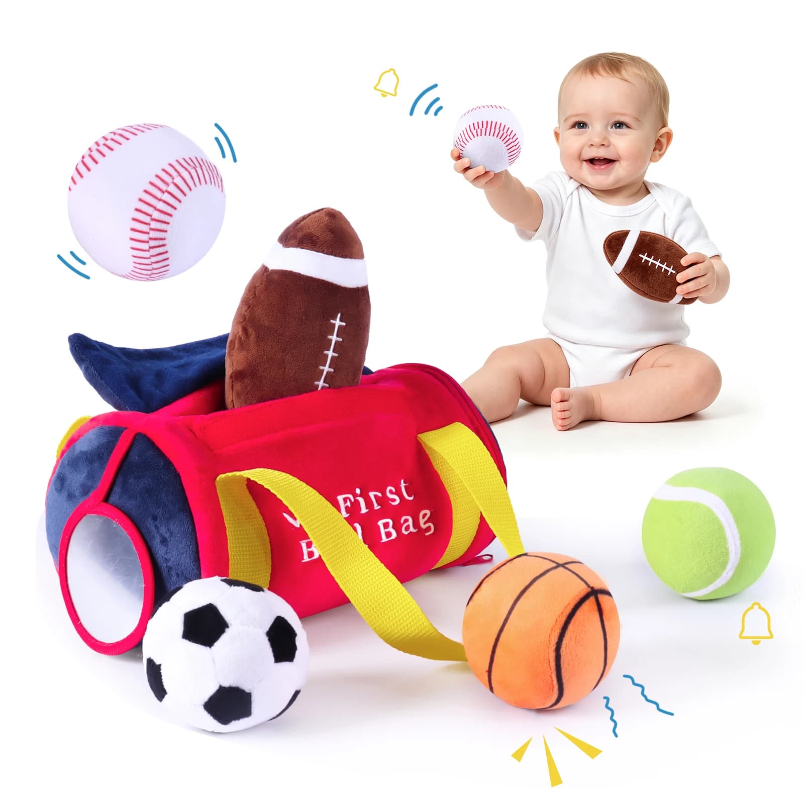 My First Sports Bag, Soft Sensory Balls for Baby Toys 0-12 Months | Plush Toy with 5 Rattle Balls, Newborn Toys for 0-3-6-9-12 M