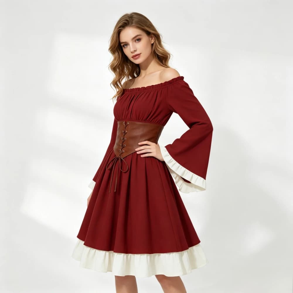 THEEPER Medieval Dress, Off Shoulder Bell Sleeve Lace-up Corset Waist Halloween Pirate Peasant Cosplay Costume for Theme Party
