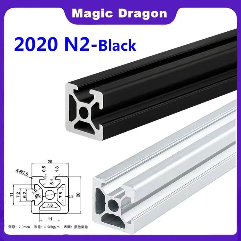 1 pz 2020 n2 europeo standard a doppia faccia scanalato 3D stampante nero industriale in lega di alluminio profilo 20*20 scanalato su entrambi i lati