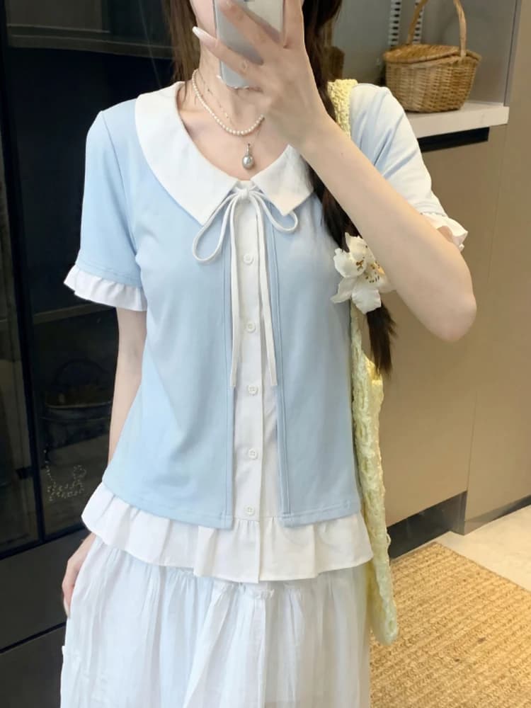 plus Size Women's T-Shirt with Belt Design Turn-down Collar Short Sleeve Fake Two-Piece Top Korean Style Spring Summer Fashion