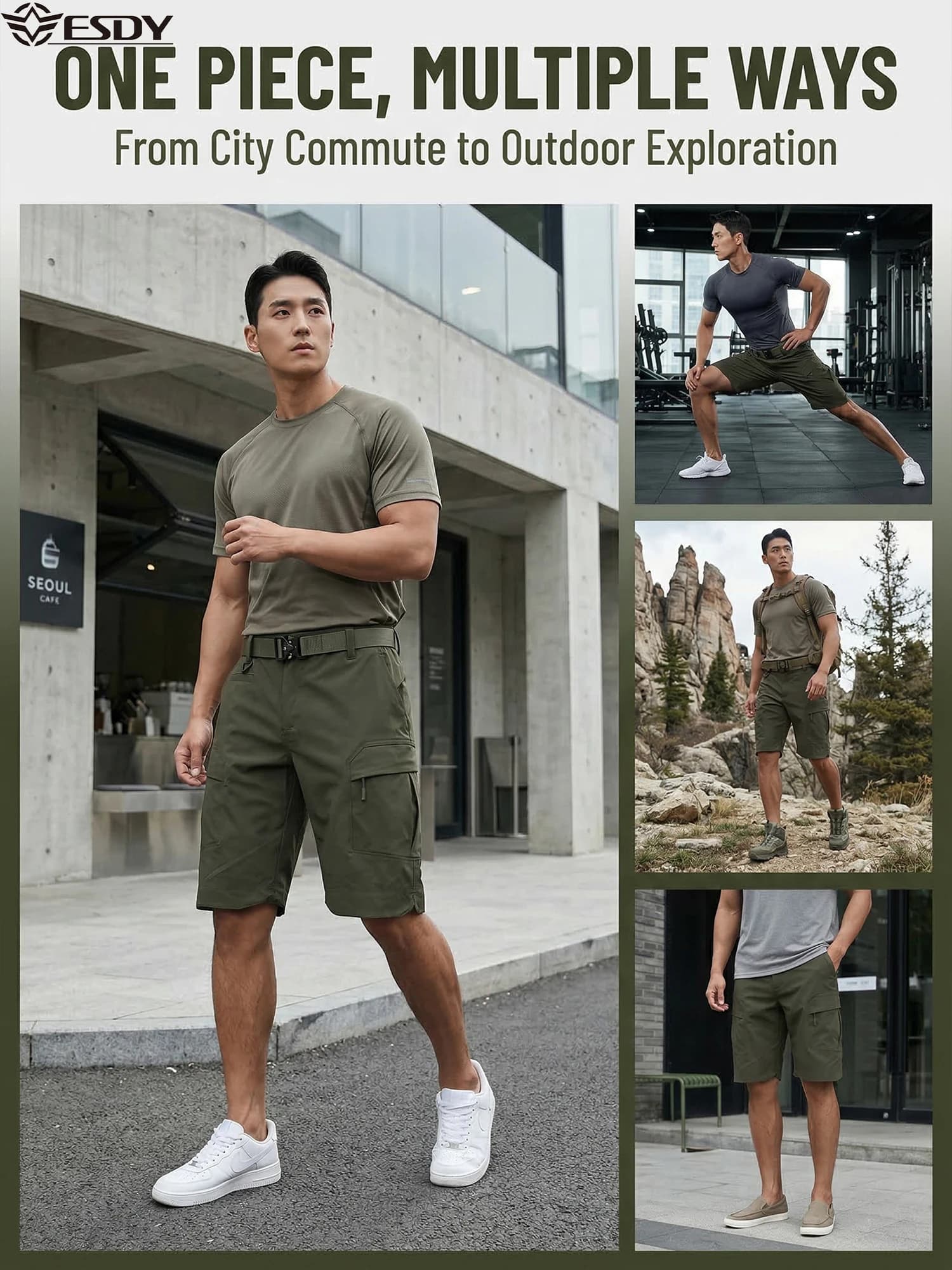 Pantaloncini Casual da Lavoro Esdy per Uomo, Estivi, per Uso Quotidiano, Asciugatura Rapida, Multi-Tasca, Lunghezza al Ginocchio, Versatili, Senza Cintura