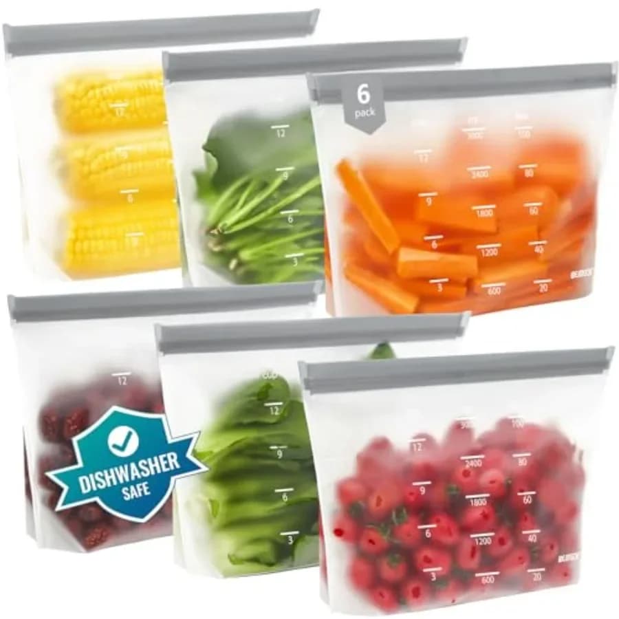 Reusable dishwasher safe BPA free gallon freezer bags for marinating meats and storing salad, fruit, vegetables; stand-up leakp