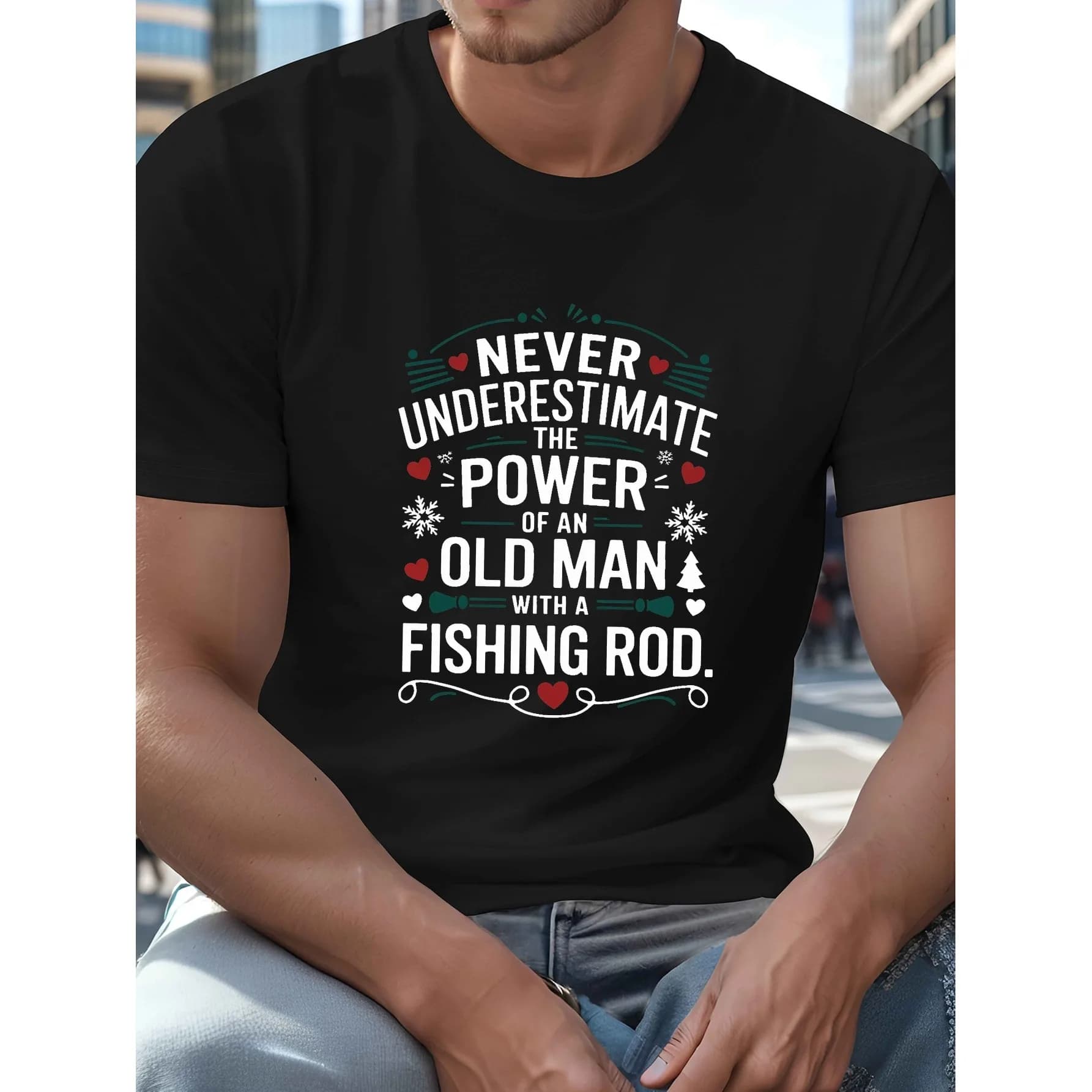 Old Man With A Fishing Rod Graphic Tee Men Casual Short Sleeve Breathable Cotton T-Shirt