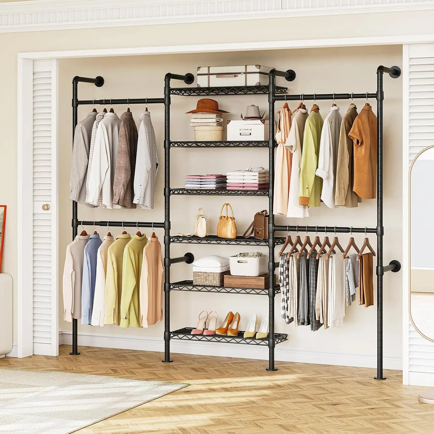 Expandable Wall Mounted Closet Organizer System, 5.4FT to 8.1FT Adjustable Closet Storage Unit with 4 Telescopic Rods and 6 Wire Shelves, Industrial Pipe Clothing Storage Rack for Walk-in and Reach-in Closet, Black