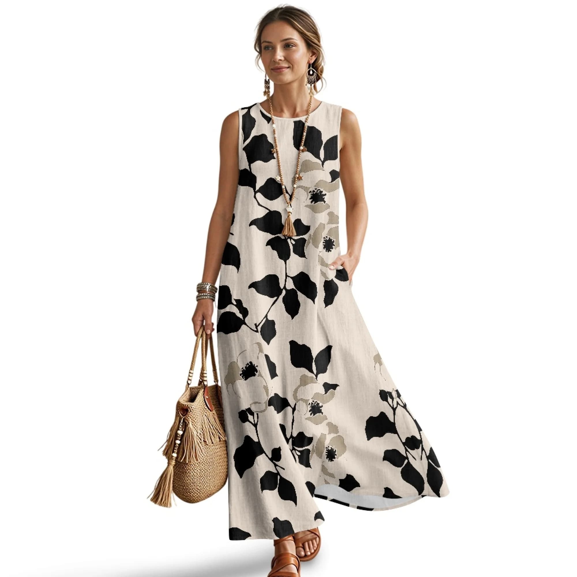 INSTANTARTS Abito lungo estivo da donna elegante in finto lino, senza maniche, con tasche e scollo rotondo