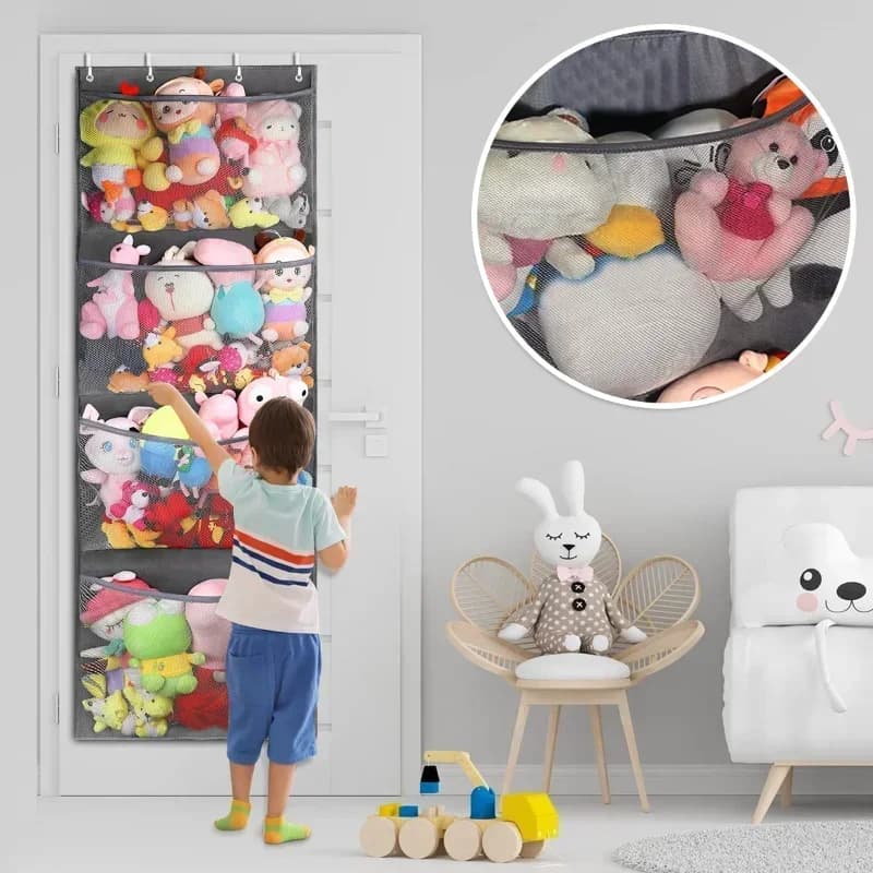 Nuova borsa portaoggetti ripiena sopra la porta roba Organizer per animali borse a rete appese 4 grandi tasche per giocattoli di peluche per bambini