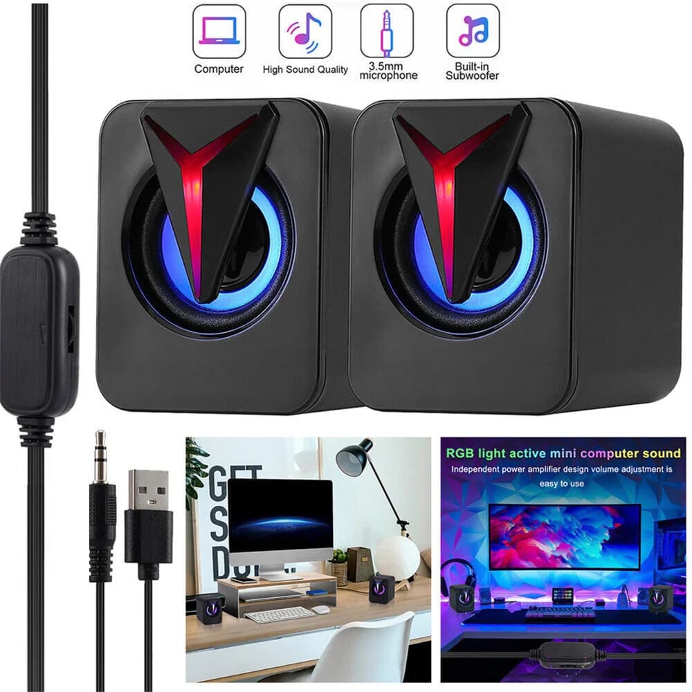 Altoparlanti per computer mini USB cablati da 3,5 mm RGB LED bassi stereo per PC portatile desktop