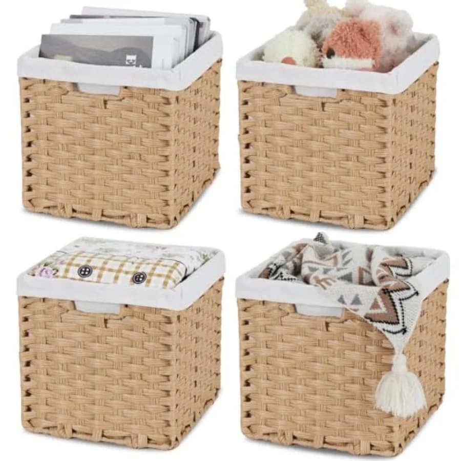 Cesti portaoggetti in vimini con rivestimenti, contenitori cubici 11x11 con manici, imitazione giacinto d'acqua, confezione da 4, portaoggetti intrecciati impermeabili