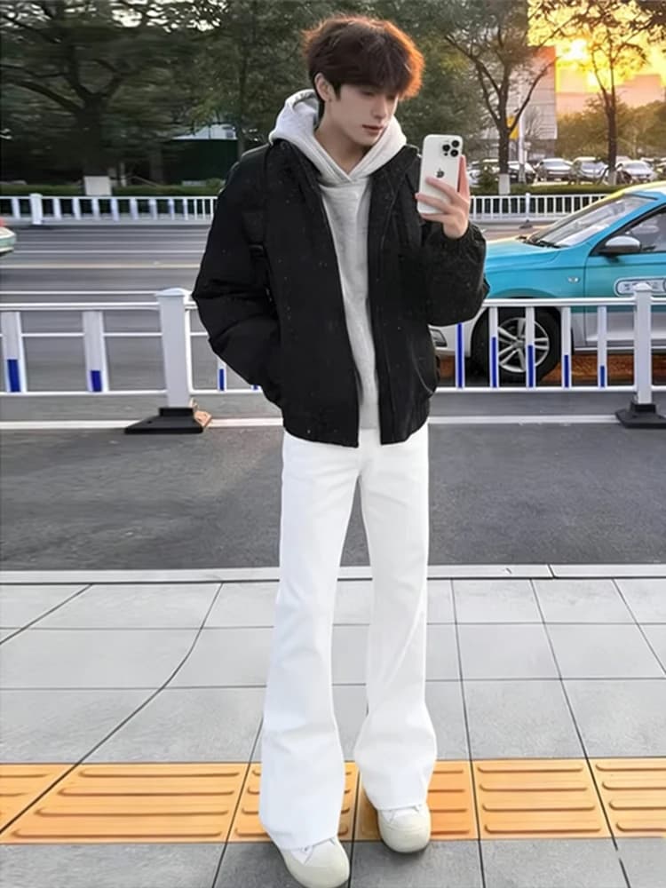 White Bell Bottom Jeans Men's Teenagers American High Street Slimming Straight Leg Cleanfit Rise Straight Jeans