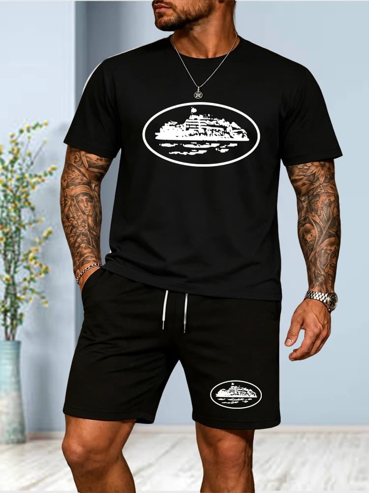 2026 Summer New Small Boat Printed Two-piece T-shirt and Shorts Loose Round Neck Breathable Half Sleeve Casual Fashion Brand